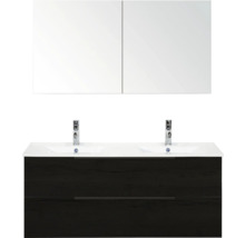 Sestava koupelnového nábytku s dvojitým umyvadlem, spodní skříňkou a zrcadlovou skříňkou