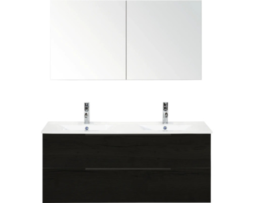 Sestava koupelnového nábytku s dvojitým umyvadlem, spodní skříňkou a zrcadlovou skříňkou
