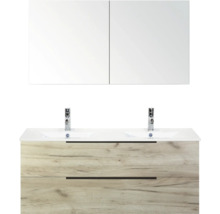 Umyvadlová skříňka se zrcadlem, dřevěný dekor a dvě umyvadla