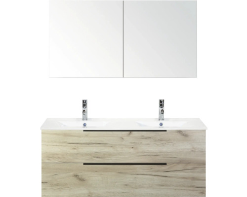 Umyvadlová skříňka se zrcadlem, dřevěný dekor a dvě umyvadla