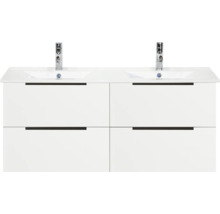 Bílá skříňka pod dvojité umyvadlo se čtyřmi zásuvkami a dvěma bateriemi