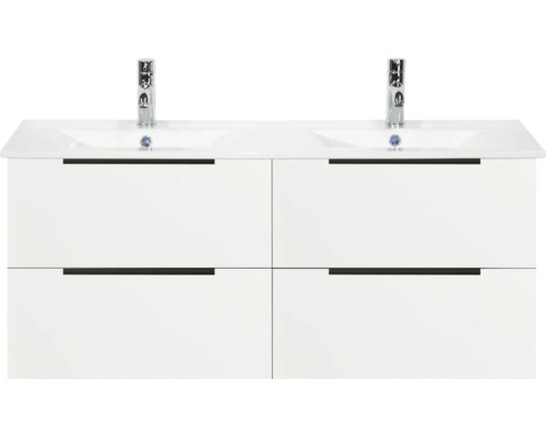 Bílá skříňka pod dvojité umyvadlo se čtyřmi zásuvkami a dvěma bateriemi