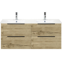 Skříňka pod umyvadlo se dvěma umyvadly a čtyřmi zásuvkami v designu dřeva