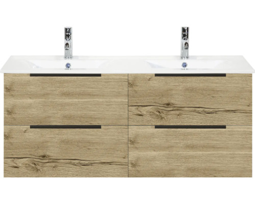 Skříňka pod umyvadlo se dvěma umyvadly a čtyřmi zásuvkami v designu dřeva