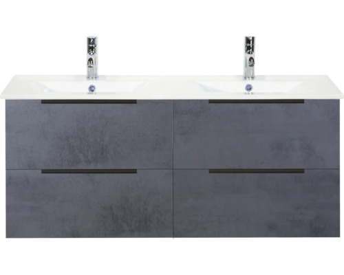 Skříňka pod umyvadlo se dvěma umyvadly a čtyřmi zásuvkami