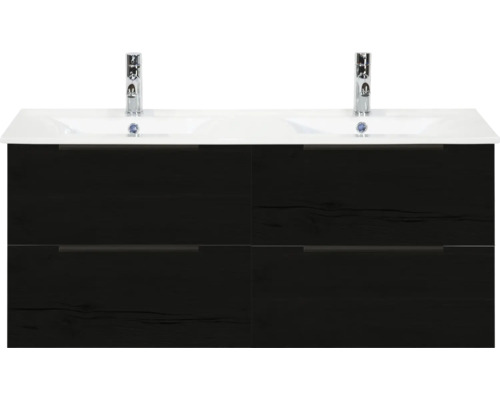 Skříňka pod umyvadlo se dvěma umyvadly a čtyřmi zásuvkami