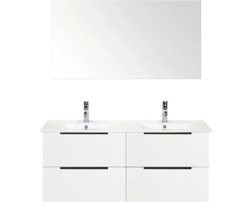 Koupelnová sestava Sanox Seville 120 cm bílá Skříňka pod umyvadlo s dvojitým umyvadlem, bateriemi a zrcadlem
