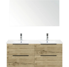 Sestava koupelnového nábytku s dvojitým umyvadlem, zrcadlem, dřevěným dekorem a zásuvkami