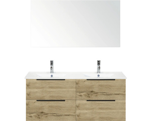 Koupelnová sestava Sanox Seville 120 cm dub přírodní Sestava koupelnového nábytku s dvojitým umyvadlem, zrcadlem, dřevěným dekorem a zásuvkami