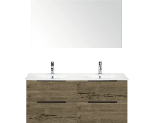 Umyvadlová skříňka se dvěma umyvadly, spodní skříňka se čtyřmi zásuvkami a zrcadlem