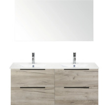 Dvojité umyvadlo se zrcadlem a čelem s dřevěným dekorem