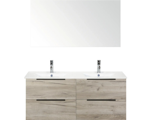 Dvojité umyvadlo se zrcadlem a čelem s dřevěným dekorem