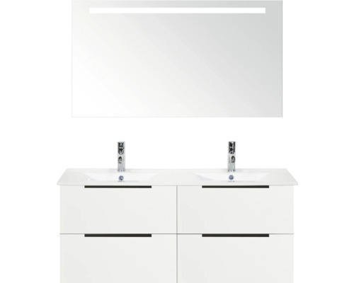 Umyvadlová skříňka se dvěma umyvadly, spodní skříňka a zrcadlo s osvětlením