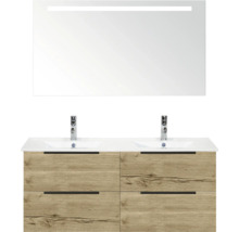 Skříňka s umyvadlem se dvěma umyvadly, zrcadlem a vzhledem dřeva