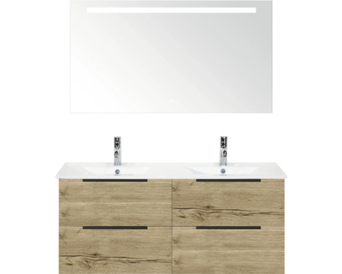 Skříňka s umyvadlem se dvěma umyvadly, zrcadlem a vzhledem dřeva