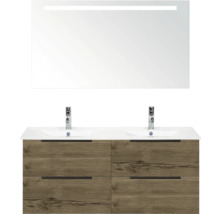 Skříňka pod umyvadlo se dvěma umyvadly, vzhled dřeva a zrcadlo s osvětlením