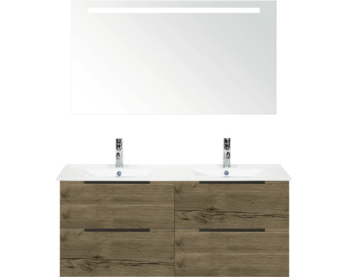 Skříňka pod umyvadlo se dvěma umyvadly, vzhled dřeva a zrcadlo s osvětlením