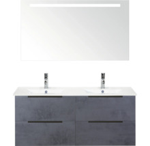 Sestava koupelnového nábytku s dvojitým umyvadlem, skříňkou pod umyvadlo a zrcadlem s osvětlením