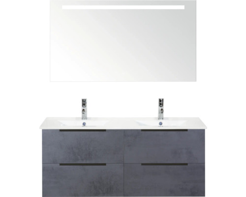 Sestava koupelnového nábytku s dvojitým umyvadlem, skříňkou pod umyvadlo a zrcadlem s osvětlením