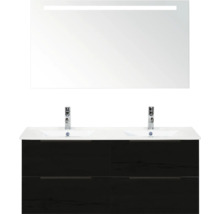 Umyvadlová skříňka se dvěma umyvadly, spodní skříňkou a osvětleným zrcadlem