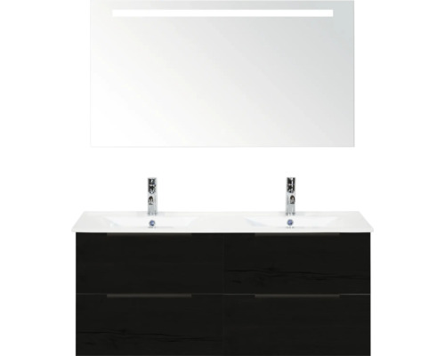 Umyvadlová skříňka se dvěma umyvadly, spodní skříňkou a osvětleným zrcadlem