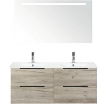 Sestava koupelnového nábytku s dvojitým umyvadlem, spodní skříňkou se zásuvkami a zrcadlem s osvětlením