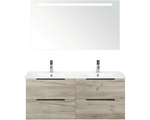 Sestava koupelnového nábytku s dvojitým umyvadlem, spodní skříňkou se zásuvkami a zrcadlem s osvětlením