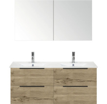 Skříňka pod umyvadlo se zrcadlem, dvě umyvadla a čtyři zásuvky ve vzhledu dřeva