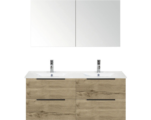 Koupelnová sestava Sanox Seville 120 cm dub přírodní Skříňka pod umyvadlo se zrcadlem, dvě umyvadla a čtyři zásuvky ve vzhledu dřeva