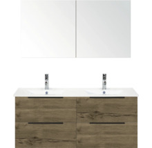 Umyvadlová skříňka se dvěma umyvadly, bateriemi, zrcadlovou skříňkou a dřevěnou strukturou