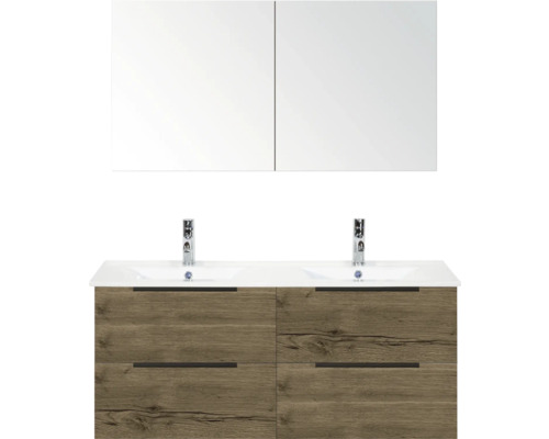 Koupelnová sestava Sanox Seville 120 cm tabacco Umyvadlová skříňka se dvěma umyvadly, bateriemi, zrcadlovou skříňkou a dřevěnou strukturou