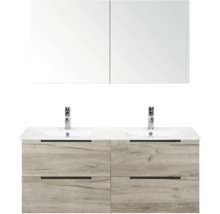 Umyvadlová skříňka se dvěma umyvadly, spodní skříňka se čtyřmi zásuvkami a zrcadlová skříňka se dvěma dvířky