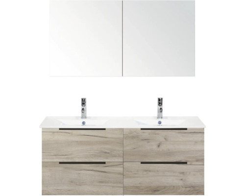 Umyvadlová skříňka se dvěma umyvadly, spodní skříňka se čtyřmi zásuvkami a zrcadlová skříňka se dvěma dvířky