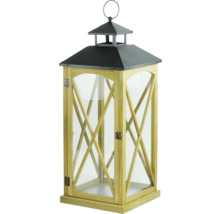 Dekorativní dřevěná lucerna s kovovými prvky a skleněnými vložkami