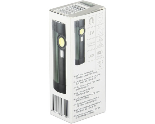 Balení LED akumulátorové ruční svítilny s COB LED 200 lumenů a SMD LED 50 lumenů