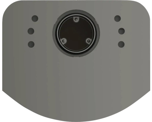 Detailní pohled na upevňovací desku s kulatým výřezem a otvory.