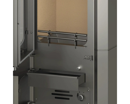 Vnitřní pohled na kamna s topeništěm, popelníkem a ovládacím panelem