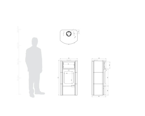 Technický nákres krbových kamen s rozměry a porovnáním velikosti pomocí siluety člověka.