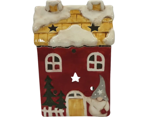Svícen porcelánový domeček 18 cm červený Dekorativní keramický domek s hvězdným vzorem a sněhem