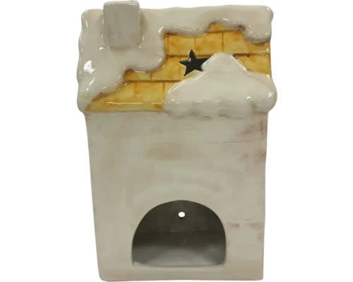 Keramický domeček na čajové svíčky s motivem hvězdy a sněhovou dekorací