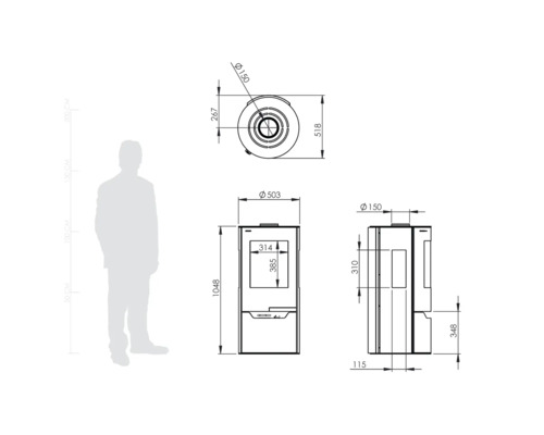 Technický nákres krbových kamen s rozměry