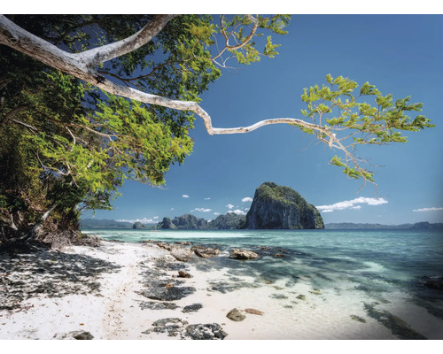 Krajina s tropickou pláží, skalami a modrou oblohou