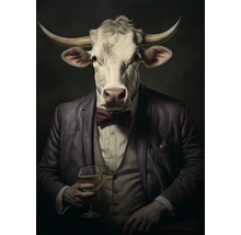 Ilustrace býka v obleku s sklenicí vína