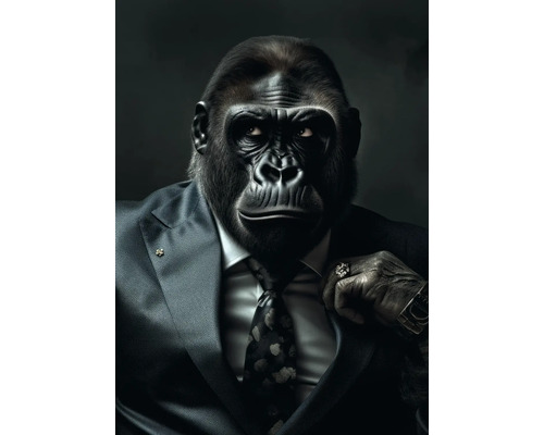 Obraz Decopanel Gorilla in a suit 136x98cm Gorila má na sobě oblek s kravatou, manžetový knoflíček, prsten a hodinky.