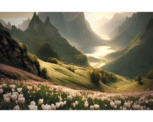 Obraz Decopanel Tulip meadow 90x58cm Krajinný obraz s údolím, květinovou loukou a horami