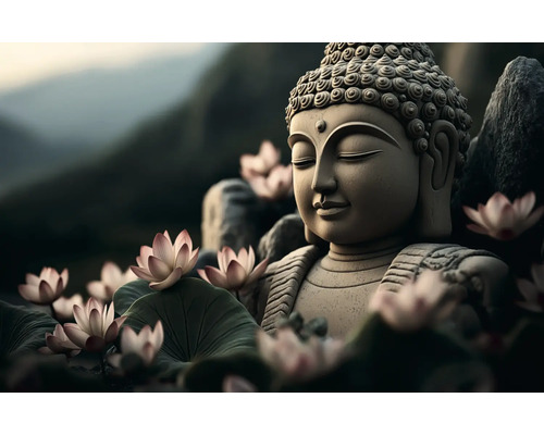 Obraz Decopanel Buddha 90x58cm Socha Buddhy s lotosovými květy