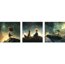 Ilustrace Malého prince s liškou, hvězdnou oblohou a stromem