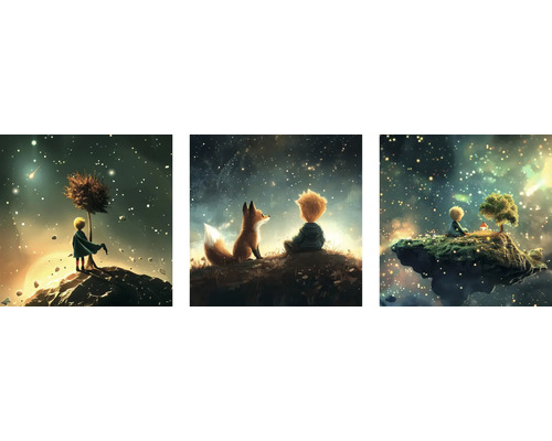 Obraz na plátně Malý princ 25 x 25 cm, 3 ks Ilustrace Malého prince s liškou, hvězdnou oblohou a stromem