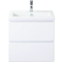 Bílá umyvadlová skříňka se dvěma zásuvkami a vodovodní baterií