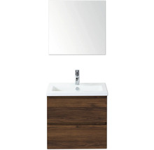 Umyvadlo s dřevěnou skříňkou, umyvadlem, zrcadlem a baterií do koupelny